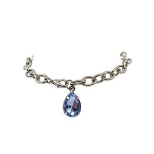 Silver Tone Chain Bracelet With Blue Crystal Teardrop Charm 8 in